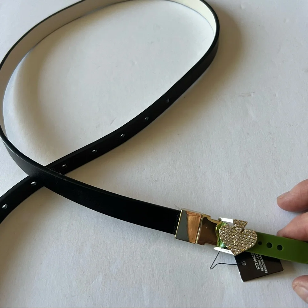 KATE SPADE REVERSIBLE BELT BLACK/WHITE WITH CRYSTAL STUDDED GOLD SPADE SMALL NWT